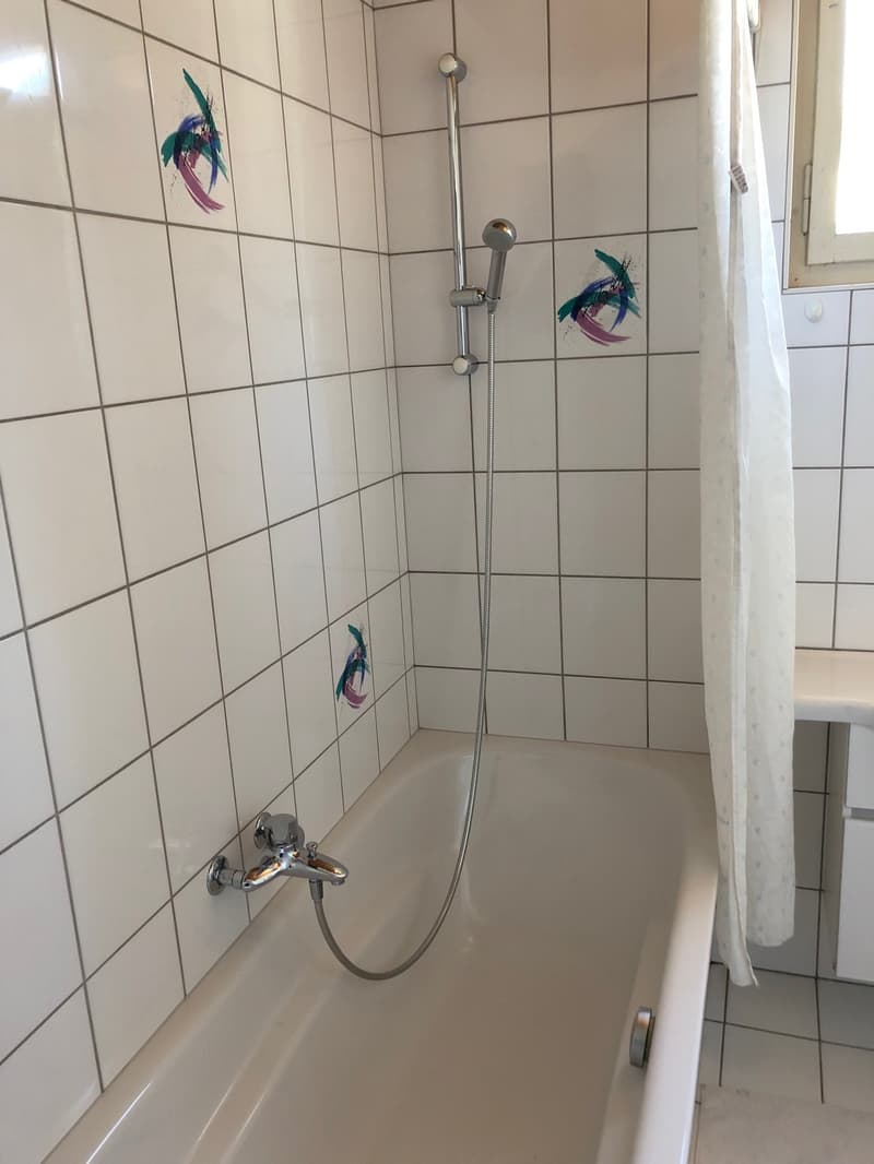 Bathroom with white tiles, shower with handheld head, bathtub, shower curtain