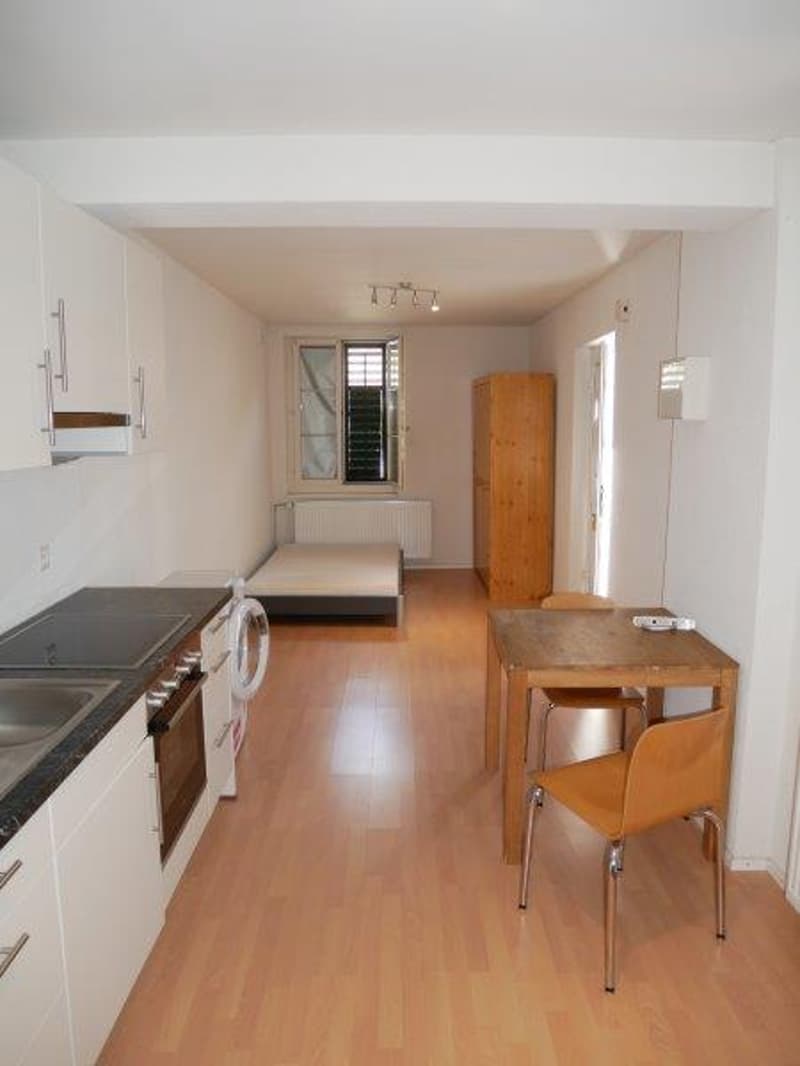 Open-plan studio apartment with kitchen, dining area, and living space. Hardwood floors, white walls, kitchen appliances including a dishwasher, and a wooden cabinet.
