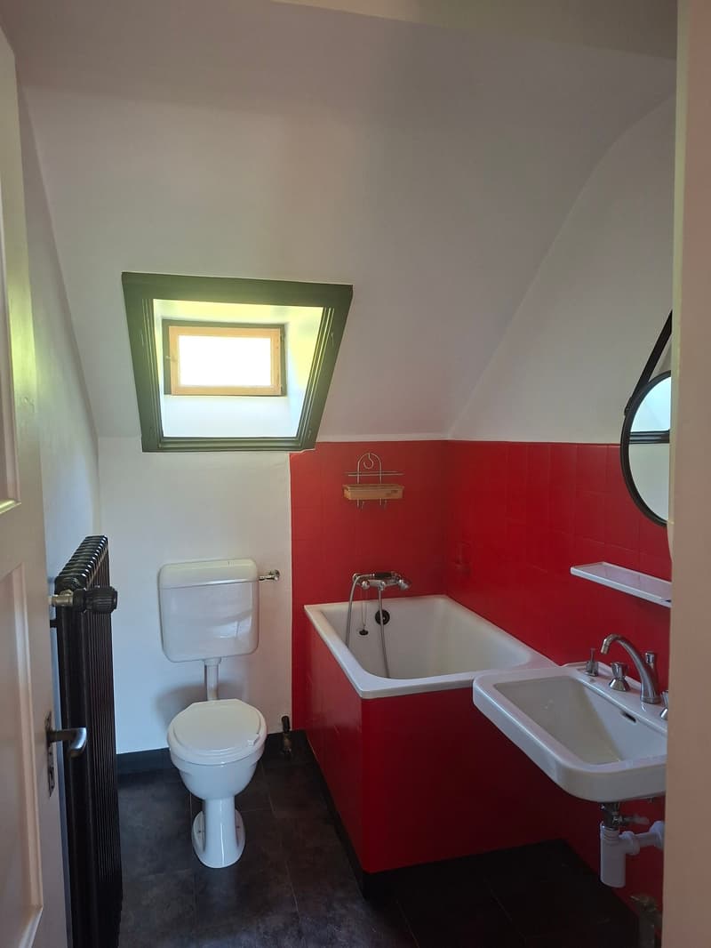 The image shows a bathroom with red tiled walls, a white toilet, a white sink, and a black radiator. There is a small window above the sink providing natural light. The floor is tiled in a dark color.