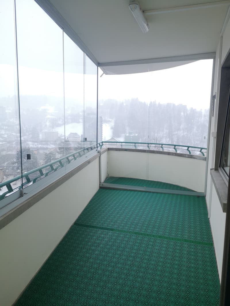 floor-to-ceiling glass walls, green carpeting, metal railing, florescent ceiling light, balcony view of town