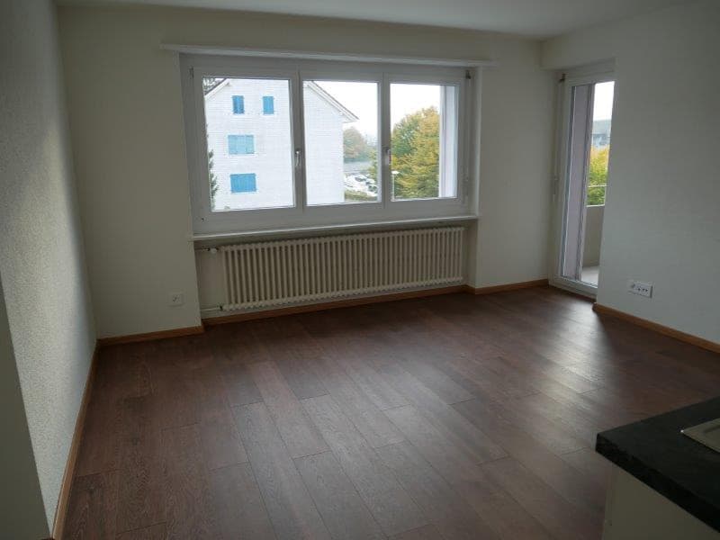 empty room, large window, balcony, wooden floor, white walls, white radiator