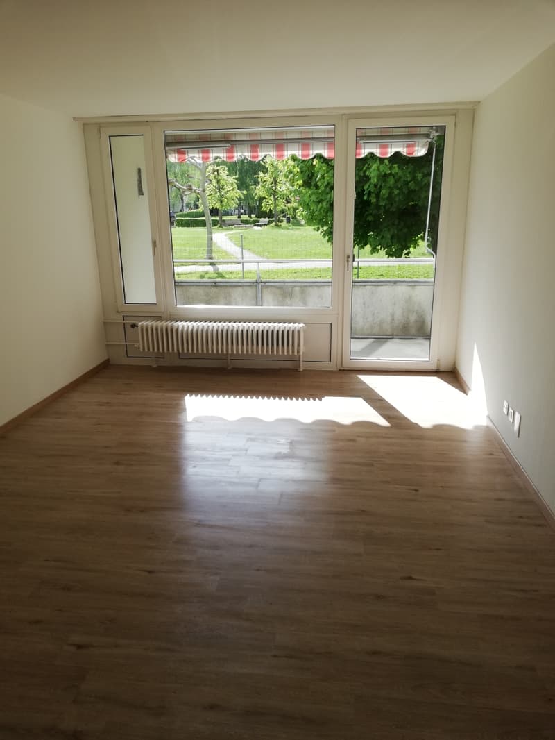 large windows, balcony with railings, wooden floor, white walls, central heating