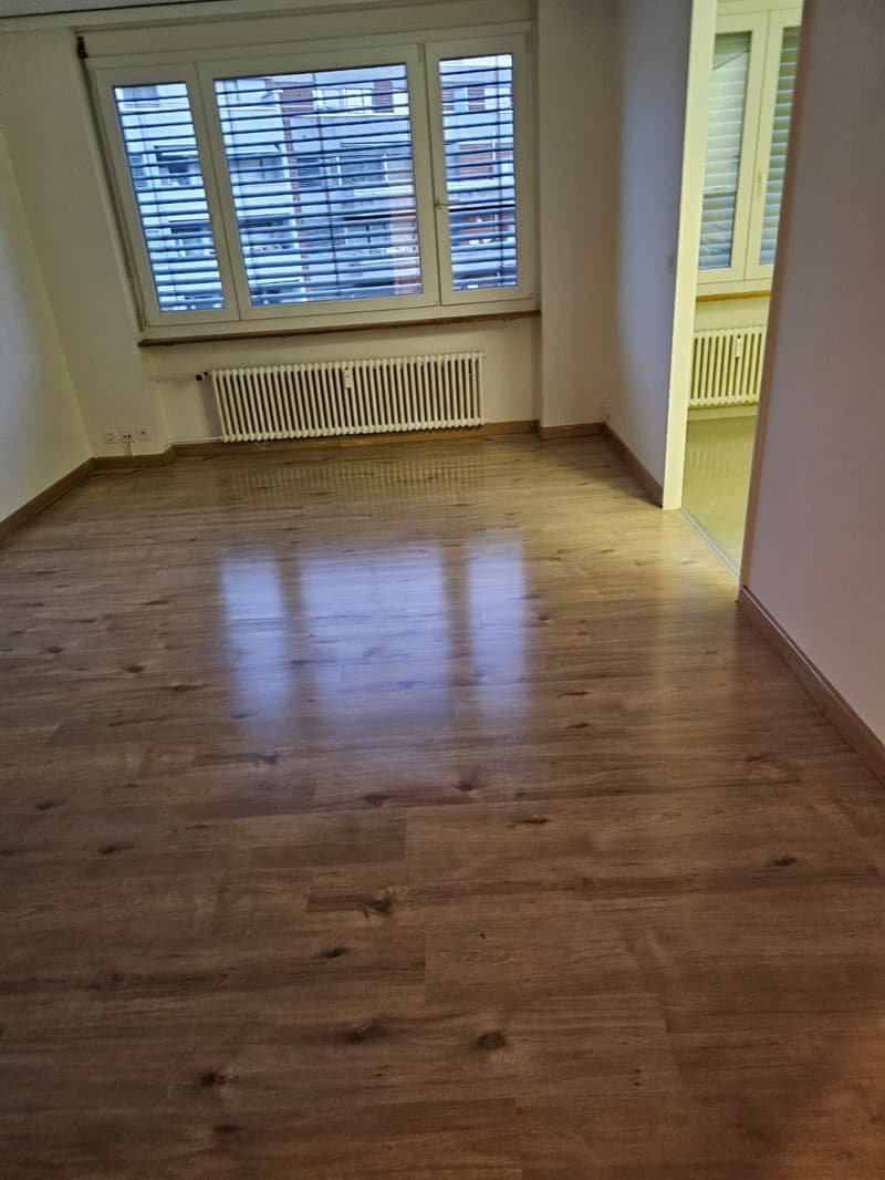 Empty room with white walls, white ceiling, wooden floor, large window with white shutters, white radiator
