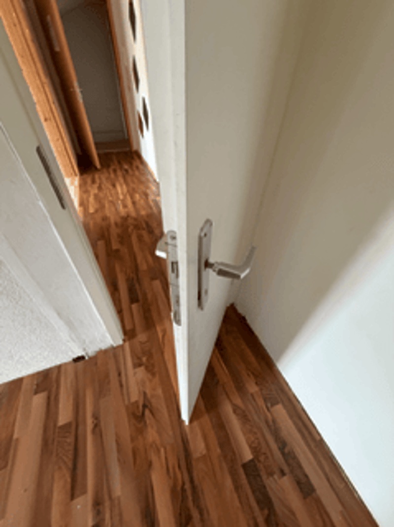 Hardwood floor, open door, hallway leading to another room