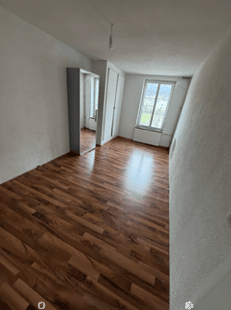 empty room, hardwood floors, white walls, large window, closet, hallway
