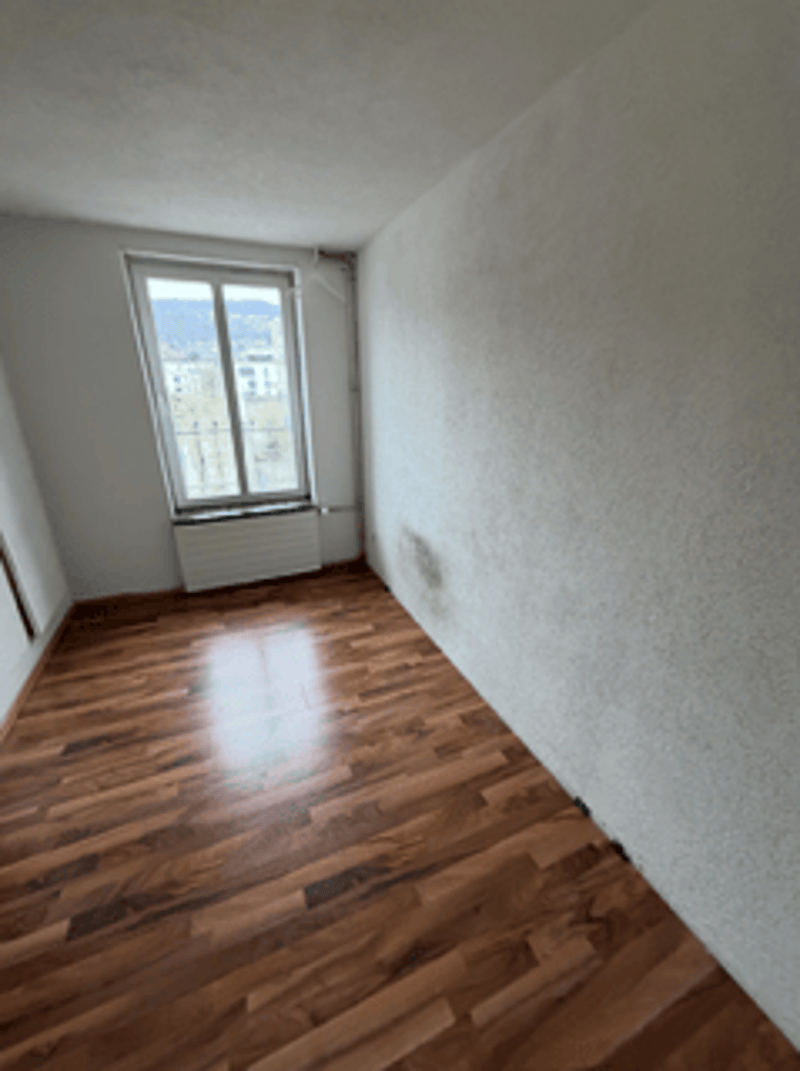 Empty room, hardwood floors, large window, heater