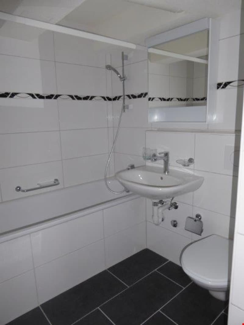 white tiles, bathtub, sink, mirror, toilet, shower head