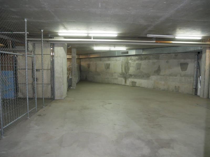 underground parking space, concrete floor, metal fence, illuminated by overhead lights