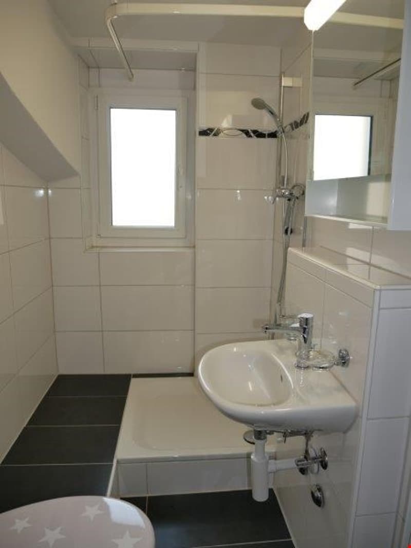 Bathroom: all white tiles, shower, sink, toilet, natural light from window