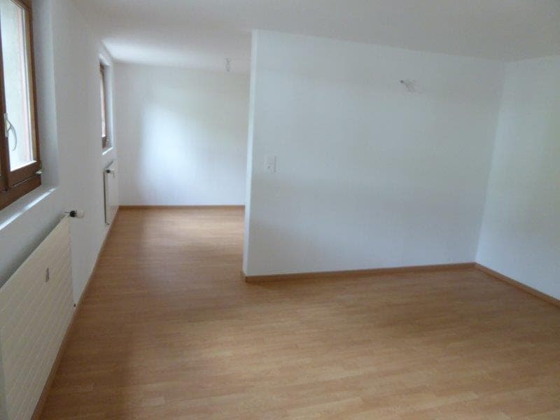 Empty room with wooden floor and white walls, two windows and a radiator.