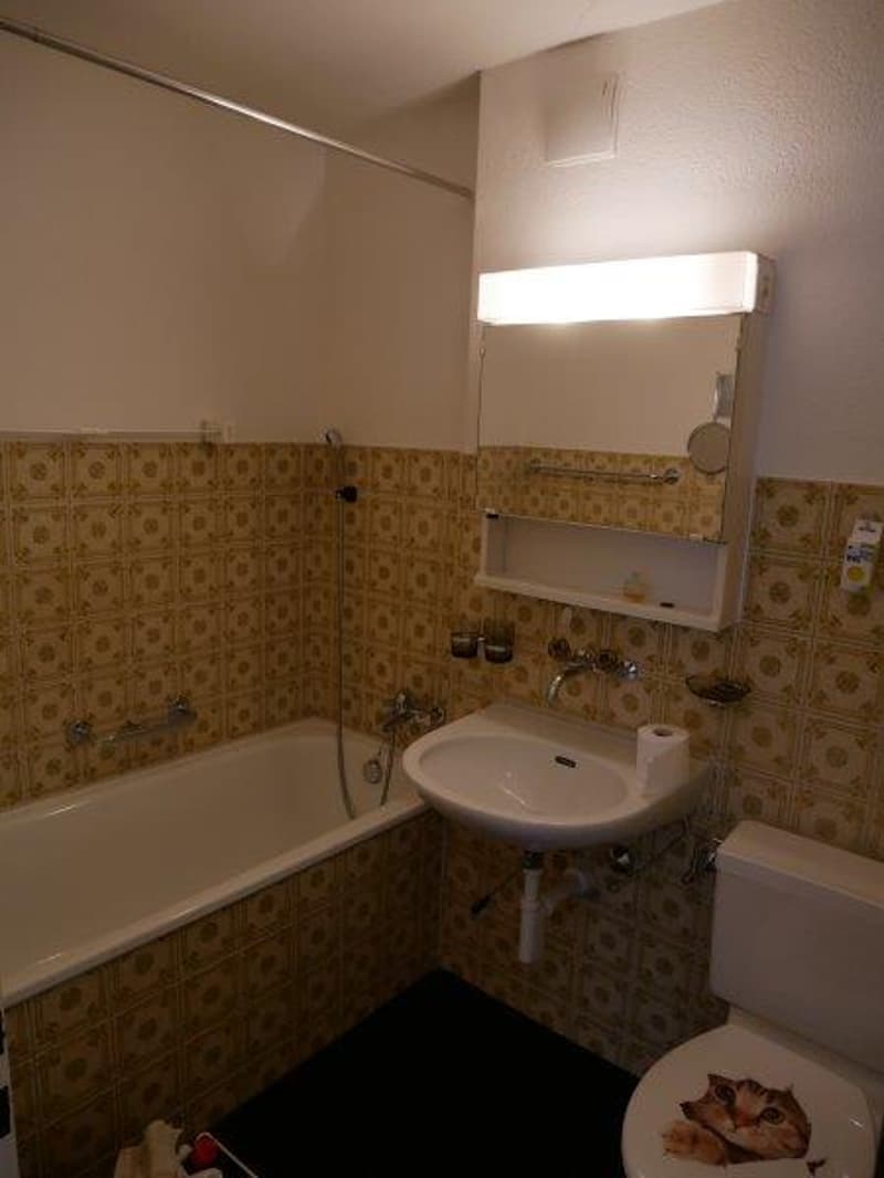 Bathroom with bathtub, sink, and toilet, wall-mounted mirror and shelf