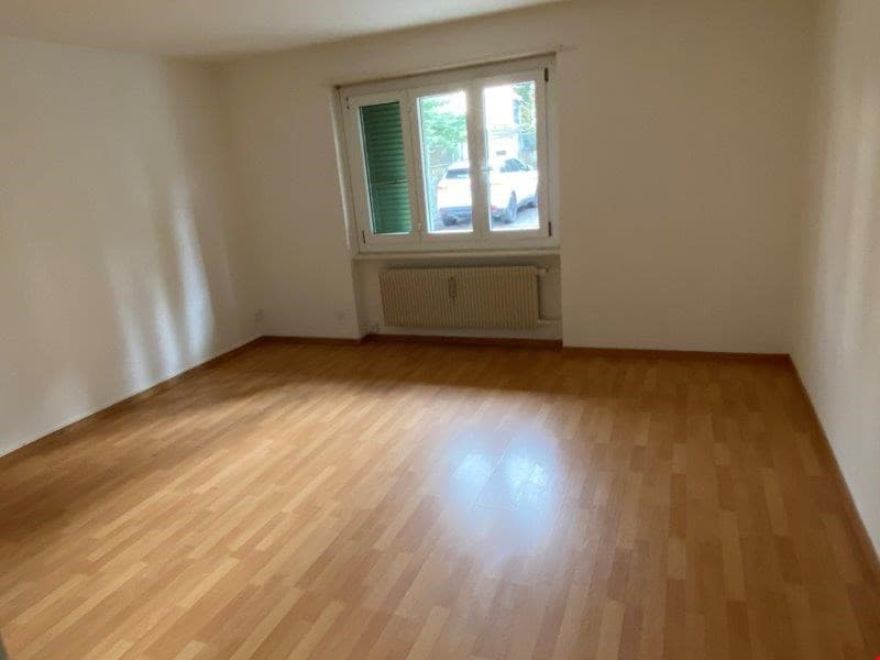 empty room, wooden floor, white walls, window, radiator