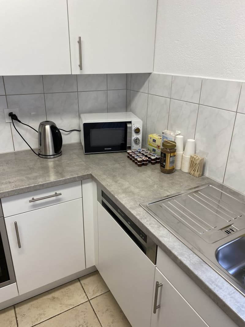 modern kitchen with white cabinets, gray countertops, dishwasher, microwave, electric kettle, coffee pods, cups, and a sink