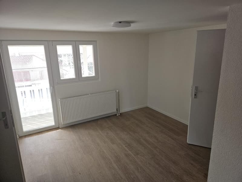 empty room, wooden floor, white walls, sliding glass door, white radiator, ceiling lamp