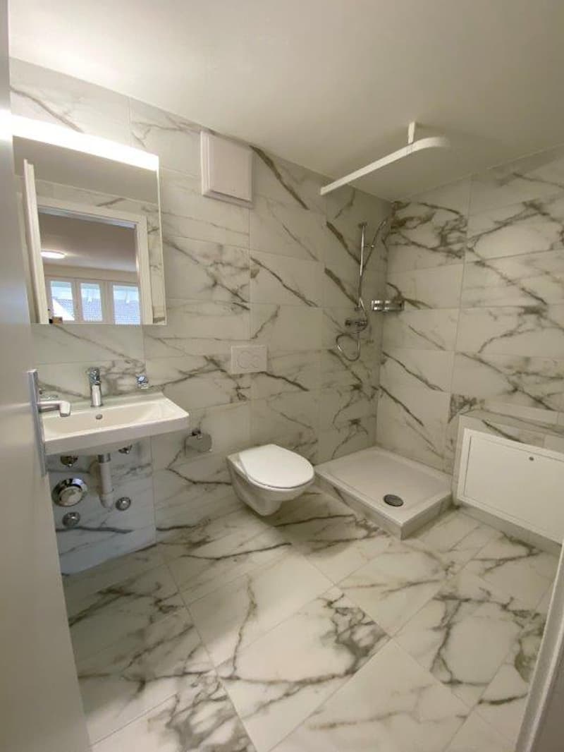 white marble tiles, white sink, white toilet, shower stall, mirror
