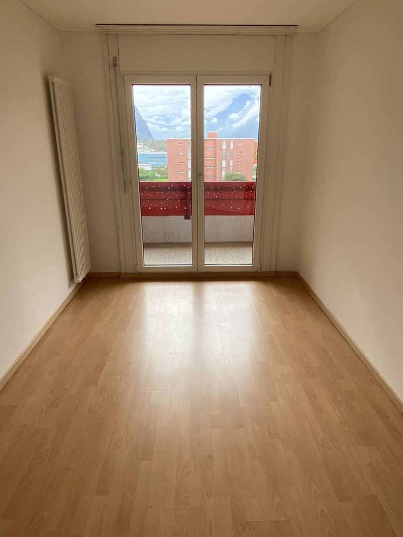 sliding doors to balcony, white walls, white radiator, wooden floor