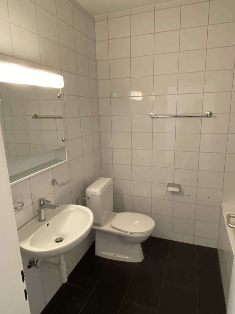 white tiles, black floor, toilet, sink, mirror, bathtub