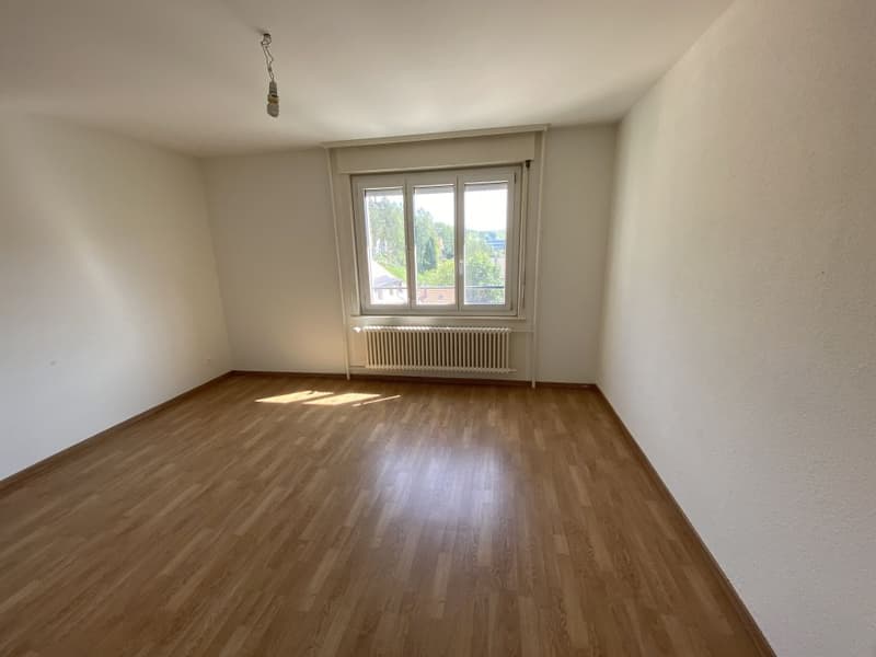 empty room, wooden floor, white walls, large window, white radiator