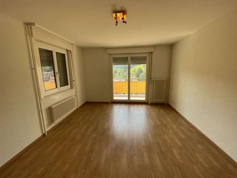 empty room, wooden floor, sliding glass door, balcony, radiators, ceiling lamp