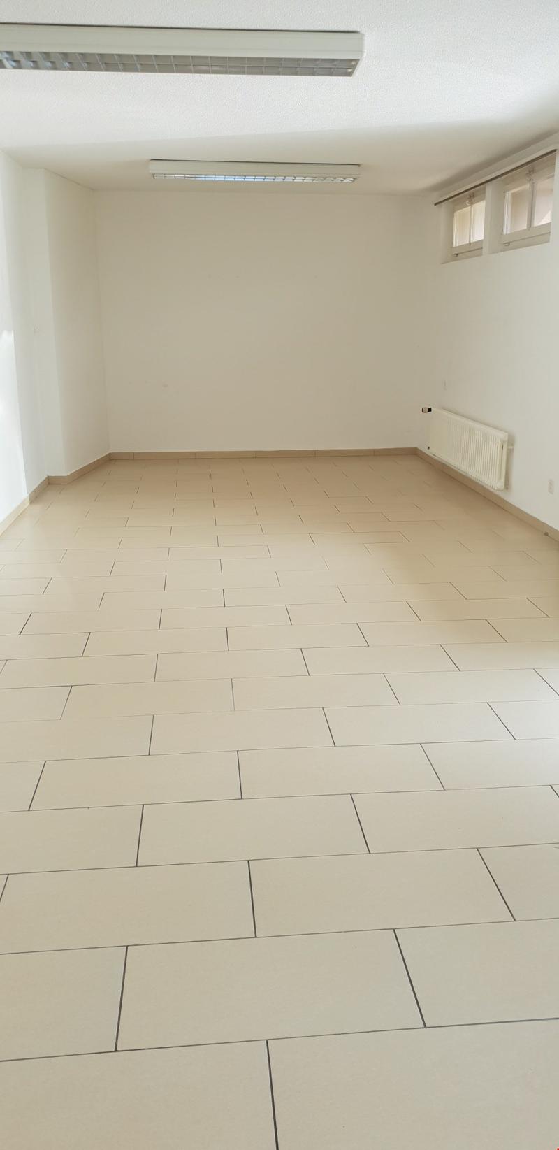 Empty room with white walls, white ceiling, white tiled floor, two windows, white radiator