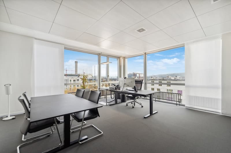 modern office, black desk, black chair, glass windows, balcony, white wall, desk lamp