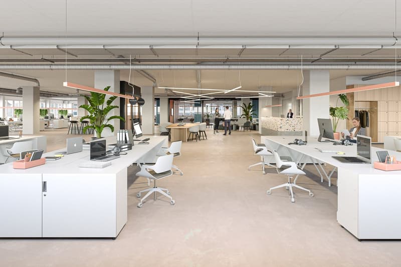 Modern office space, white desks, swivel chairs, plants, tables, lamps, glass windows