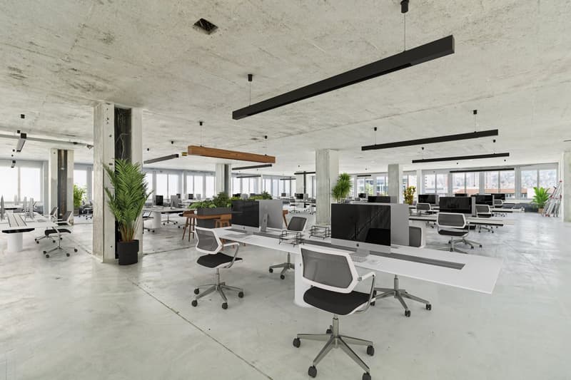 Office: large open space, desks, ergonomic chairs, large windows, plants