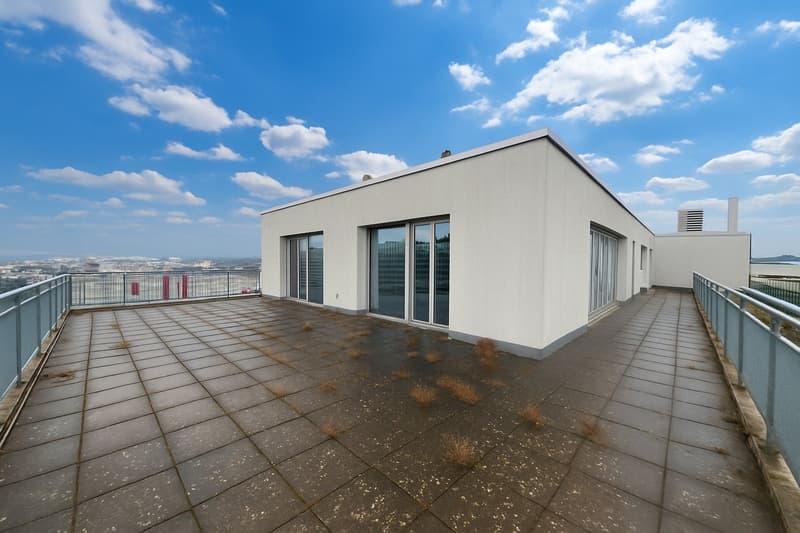 modern building exterior, roof terrace with fence, city view