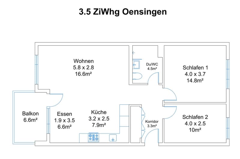 Living room, kitchen, dining room, 2 bedrooms, 1 bathroom, corridor, balcony