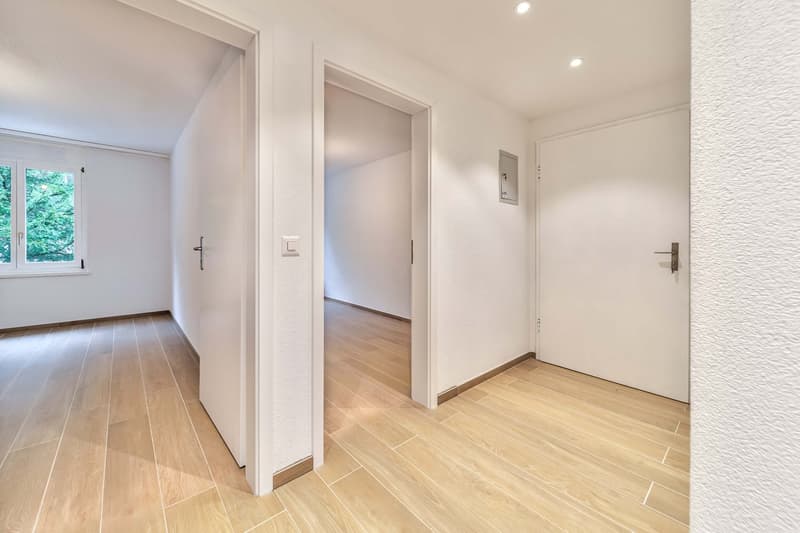 Empty room, white walls, wooden floors, two doors, window