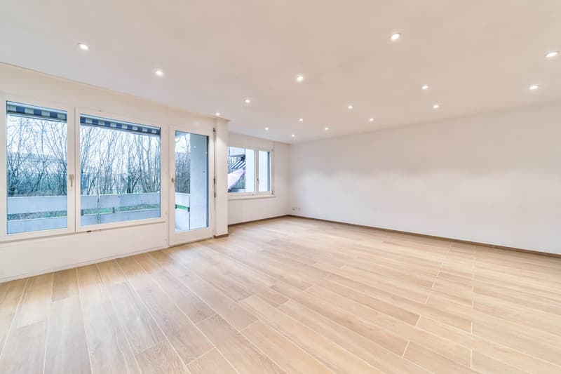 wooden flooring, modern sliding glass door leading to balcony, large windows, recessed lighting