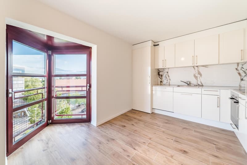 wooden floor, white kitchen cabinets, marble countertops, large glass windows, balcony