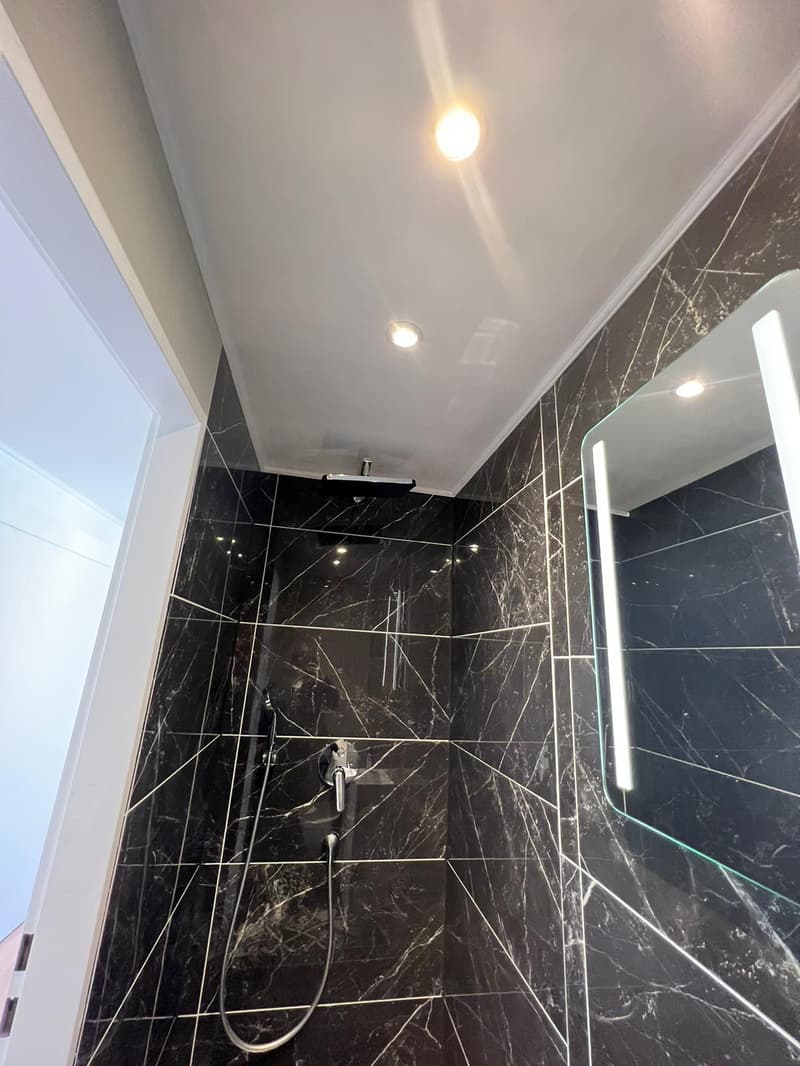 shower, black marble walls, silver showerhead, two lights on ceiling
