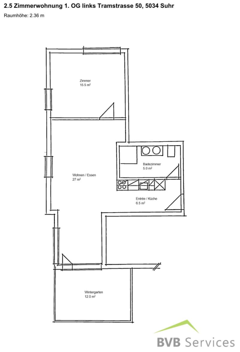 One bedroom, one bathroom, living/dining, kitchen, wintergarden