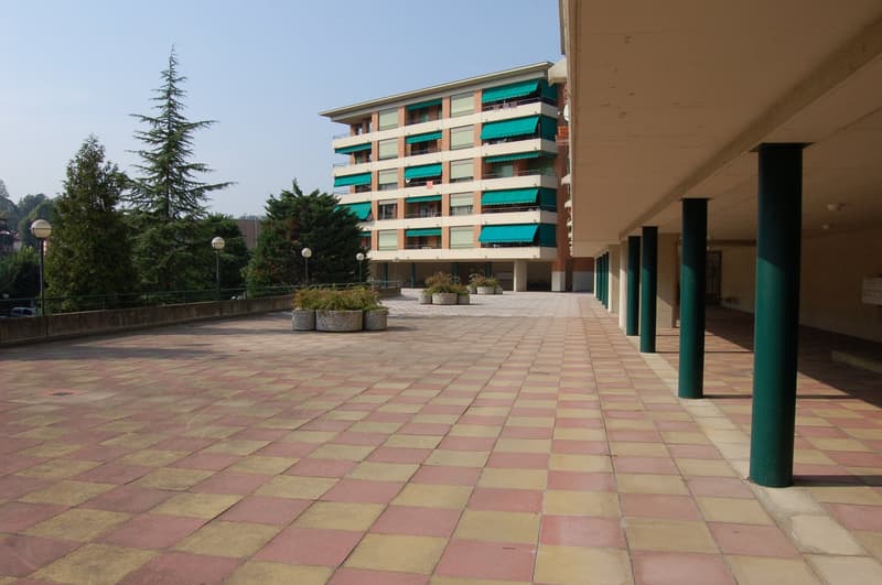 Multistory building with balconies, square tiled area, several plants and trees