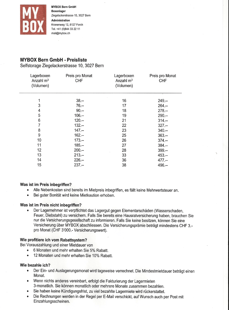 This is a price list for storage boxes from MYBOX Bern GmbH. It shows the prices per month for different sizes of storage boxes, ranging from 1 cubic meter to 15 cubic meters. The list also includes information about what is included in the price, such as