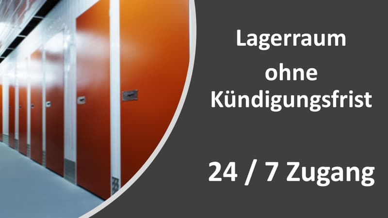The image shows a storage facility with multiple orange storage units. The text indicates that this is a storage space without a termination notice period and with 24/7 access.