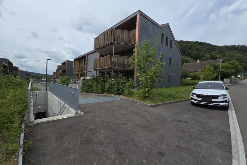 apartment building, wooden balcony, underground parking