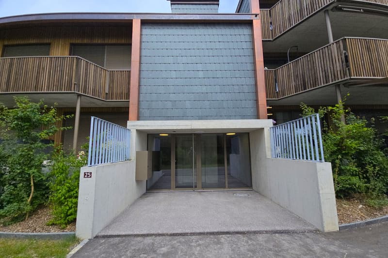 raised ground floor, double glass doors, mailbox, number 25, wooden balconies, metal railing