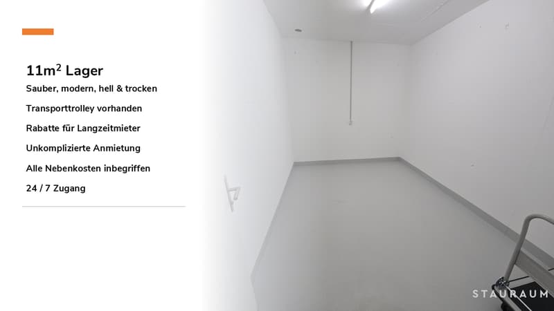 Empty room, white walls, gray floor, transport trolley, 24/7 access