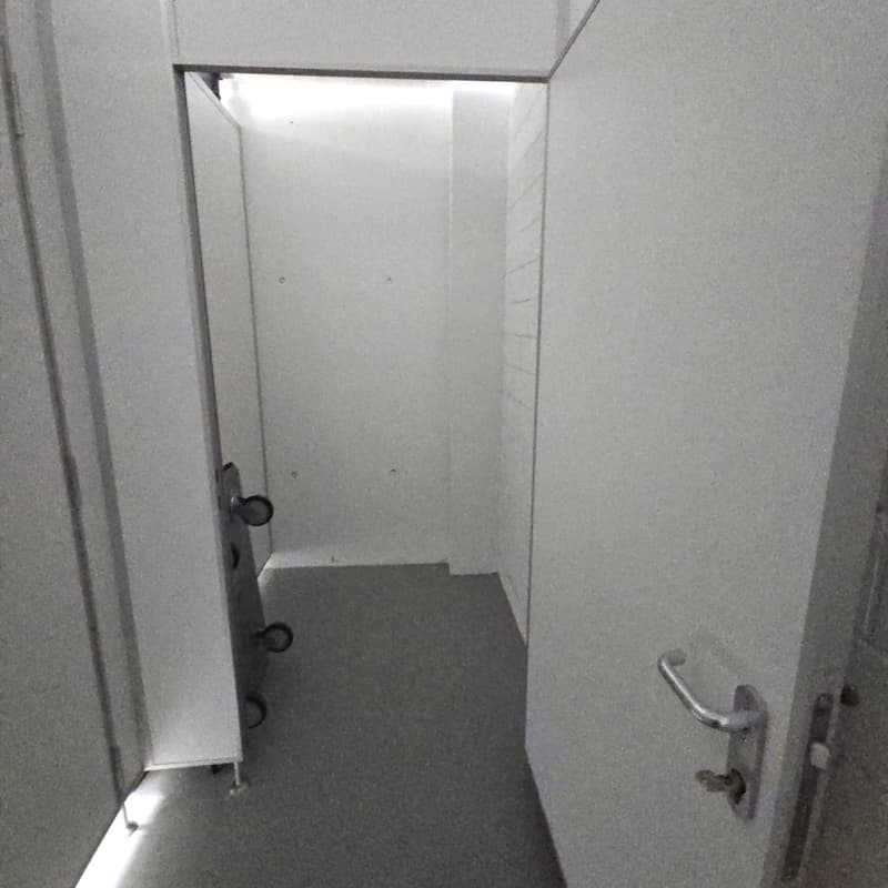 a hallway, carpeted, two doors on either side, hallway lighting