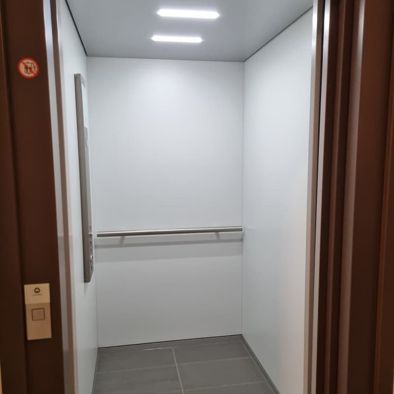Interior of an elevator with white walls, tiled floor, and an overhead handrail. There are two lights on the ceiling and a control panel on the left wall.