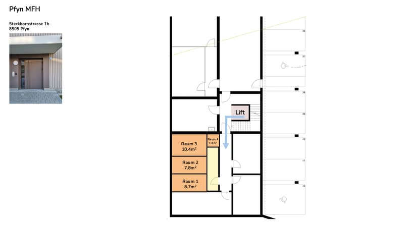 3 rooms, 1 living room, 1 bathroom, lift access, raised ground floor