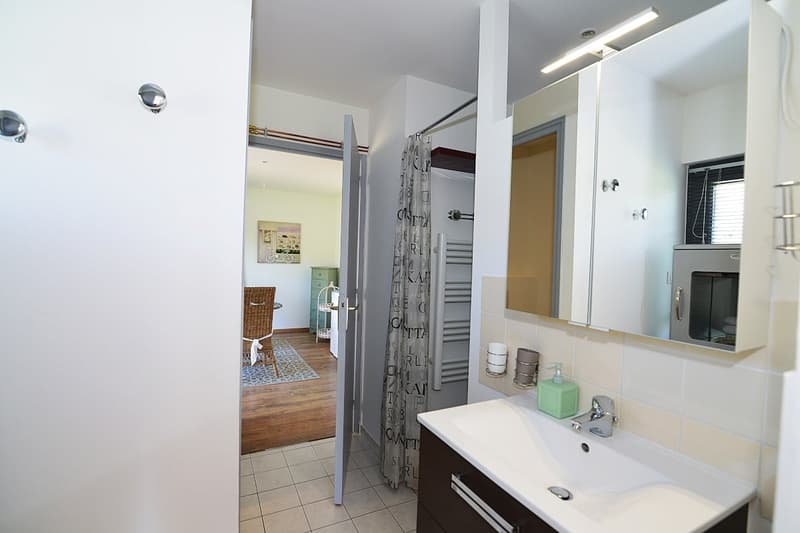 Bathroom with sink, mirror, shower curtain, and a small window