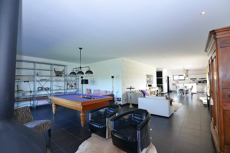 pool table, black leather chairs, white sofa, shelves, lamps, dining table, kitchen