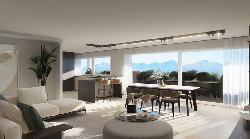 This image shows a modern, open-concept living and dining room with large windows offering a scenic mountain view. The space features a comfortable living area with a sofa and armchair, a dining table with chairs, and a sleek kitchen with black cabinetry.