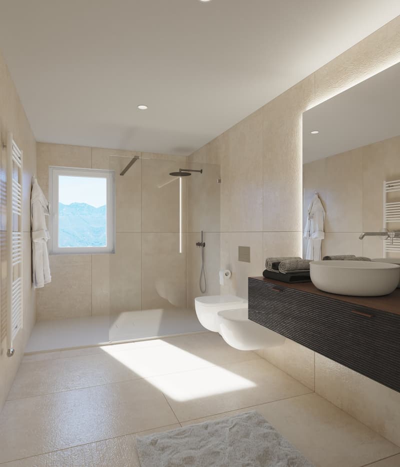 Spacious bathroom with large window, walk-in shower, vessel sink on wooden vanity, and towel rack