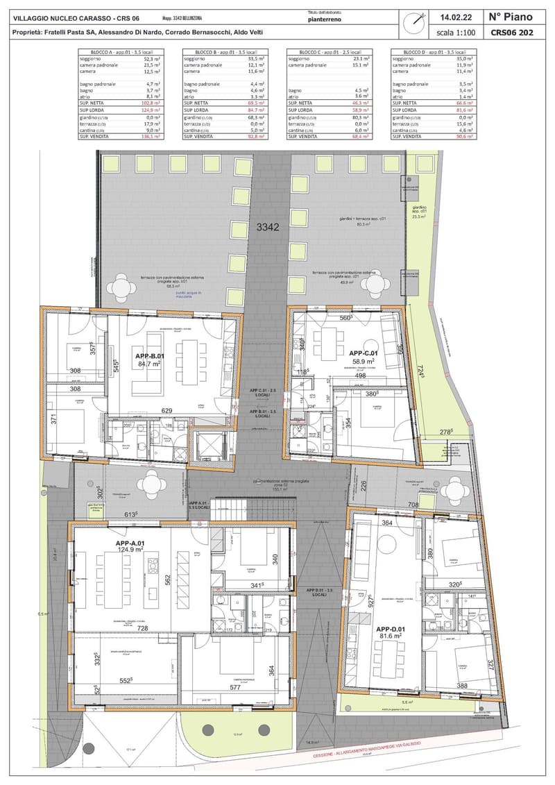 Floor plan includes multiple apartments, each with a kitchen, living room, bedrooms, and bathrooms. Some apartments have balconies or terraces.