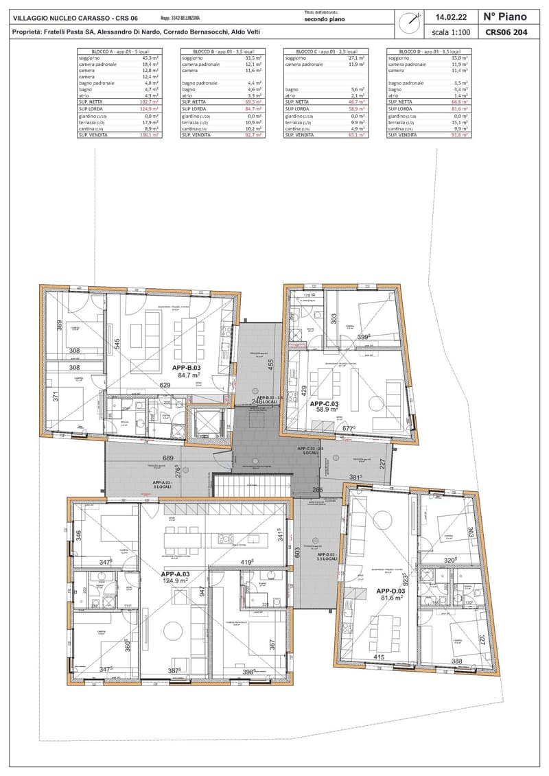 6 apartments layout with living room, kitchen, 2 bedrooms, bathroom, terrace and balcony.