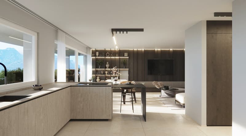 Modern, open-concept kitchen with concrete countertops, dark wood cabinetry, and built-in shelving. Large windows provide natural light and a view of the outdoor scenery. The kitchen flows seamlessly into the living area, creating a spacious and airy livi
